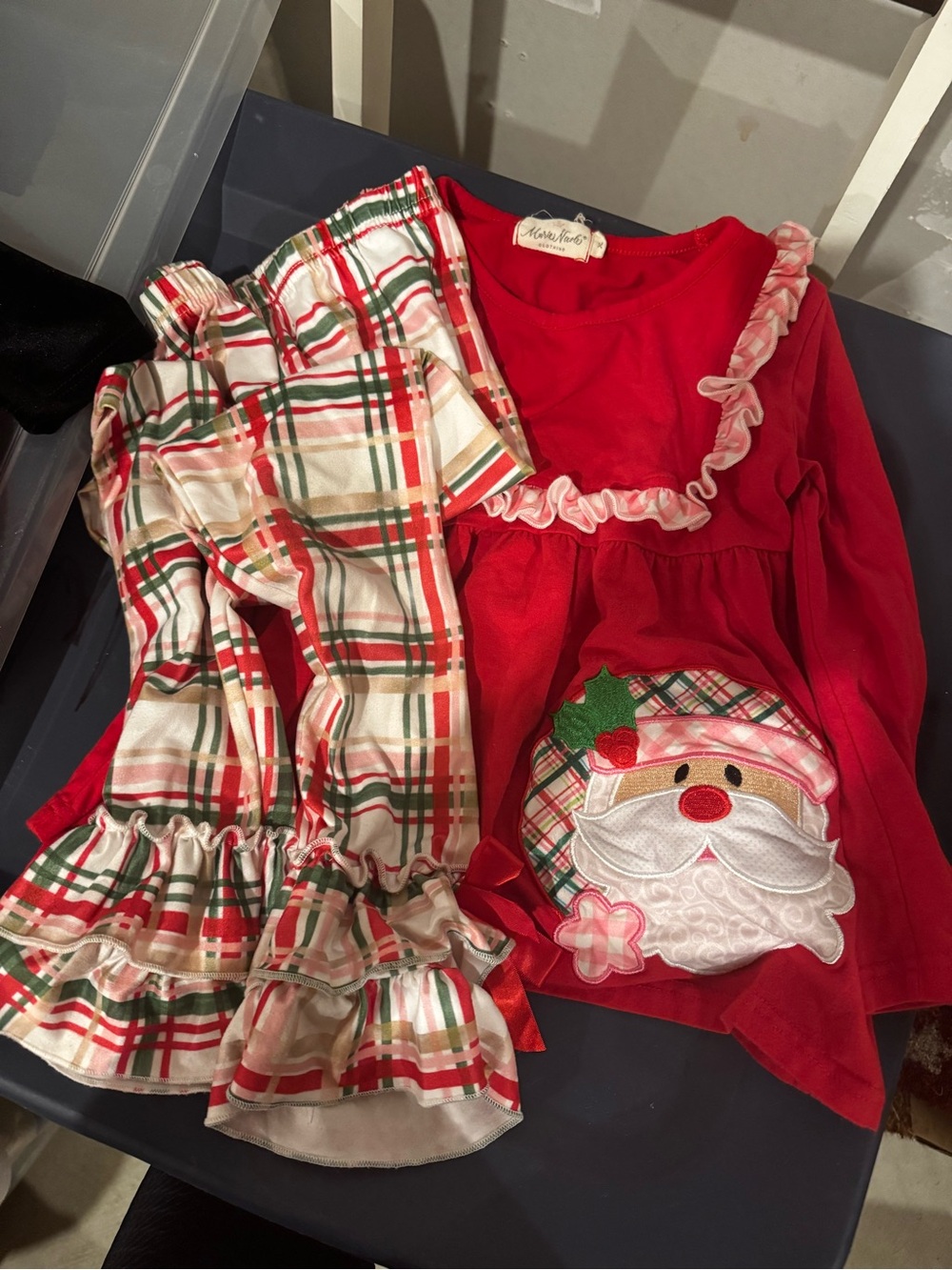 Girls' Red Santa Plaid Holiday Outfit with Ruffle Trim